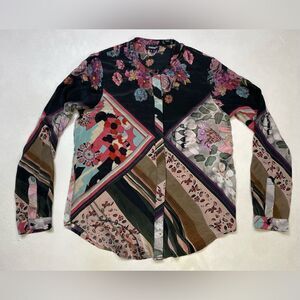 Tolani All Over Print Silk Top Women Small Multicolor Long Sleeve